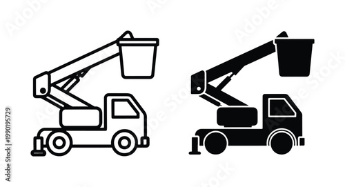 Bucket truck vector icons, cherry picker utility vehicle silhouettes, hydraulic lift crane truck symbols for industrial maintenance and construction