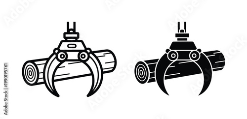 Industrial logging grapple icons, forestry crane claw lifting wood log vector set, timber harvesting equipment symbols for lumber industry