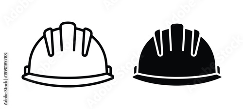 Industrial safety helmet vector icons, construction hard hat line and silhouette symbols, protective headgear for engineering and site labor
