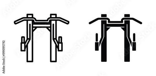 Gym pull-up bar station icons, fitness power tower equipment vector, black and white workout rack symbols for strength training and bodybuilding