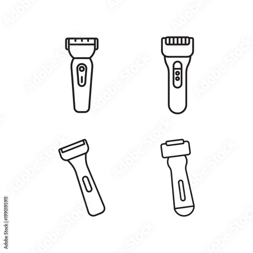 Four black and white line art illustrations of electric razors with different designs and angles for grooming and shaving needs  various shapes and styles