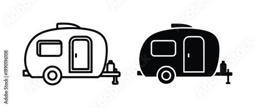 Teardrop camper trailer vector icons, minimalist camping caravan outline and silhouette set, retro travel trailer symbols for outdoor adventure