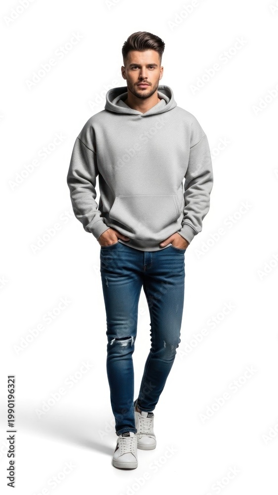 Naklejka premium A man in a gray hoodie and blue jeans walks towards the camera with his hands in his pockets on a white background