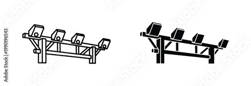 Stadium floodlight tower vector icons, sports arena lighting rig silhouettes, outdoor field stadium lights for event and match broadcasting