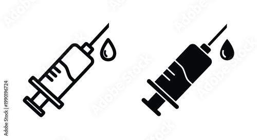 Medical syringe icons with liquid drop, black outline and solid silhouette vaccine injection symbols, healthcare immunization vector set