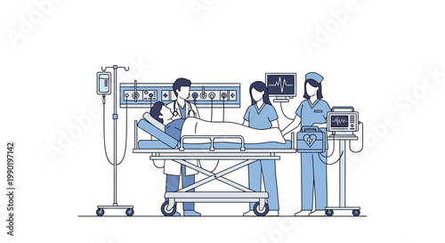 Medical Team Caring for Patient in Hospital Room with Modern Equipment