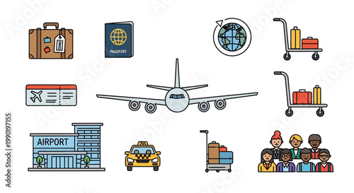 Airport Travel Icons: Airplane, Luggage, Passport, Building, Taxi, Globe