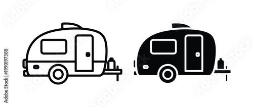Retro teardrop camper trailer icons, minimalist caravan vector set, black and white camping vehicle symbols for outdoor travel and road trip design