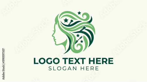 Elegant woman's profile logo with flowing green hair, stars, and swirls, representing beauty, nature, and magic.