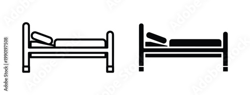 Minimalist bed icon set, black outline and solid silhouette bed symbols, modern furniture vector graphics for hotel and bedroom signage