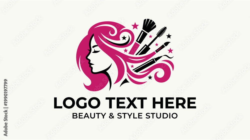 Αυτοκόλλητο A vibrant pink and black logo featuring a woman's profile with flowing hair intertwined with makeup brushes and tools, representing a beauty and style studio