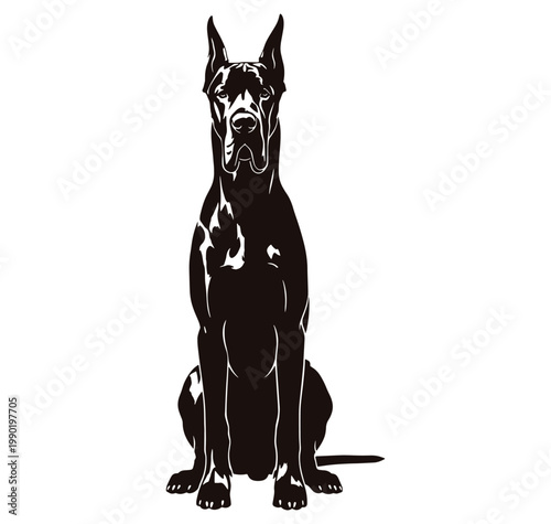 Black silhouette of a sitting Great Dane dog with pointed ears and white details on a white background