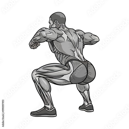 Muscular Male Bodybuilder Performing Deep Squat Exercise, Vector Illustration of Human Anatomy and Strength Training