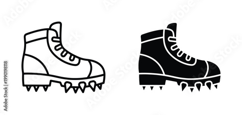 Crampon hiking boots vector icons, mountaineering climbing shoes with ice spikes, winter trekking footwear set in outline and silhouette style