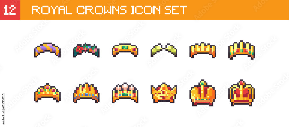 Fototapeta premium Pixel Art Royal Crowns Collection Set. Retro 8 Bit Medieval King Queen Tiara badges Vector Illustration Pixelated Y2k Crown Pack for Game Assets UI, Stickers and Fantasy Design 