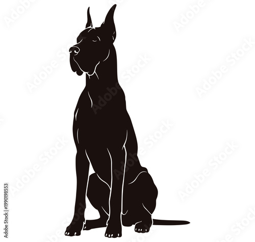 Great Dane dog sitting and looking to the side in a solid black silhouette