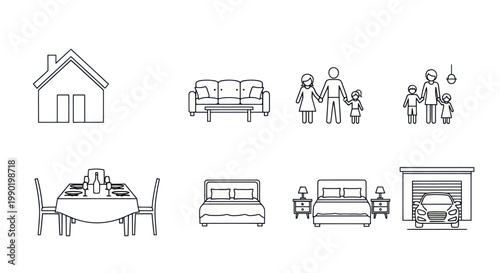 Home Icon Set: House, Family, Furniture, Car, Garage, Dining Table, Bedroom