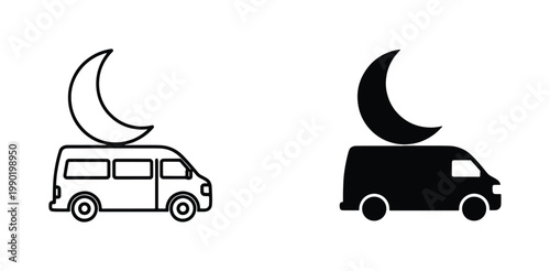 Minimalist camper van icon with crescent moon, night travel van life vector illustration, black outline and silhouette van symbols for camping