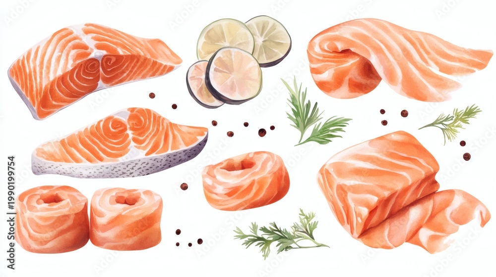 Fototapeta premium Watercolor illustration set of fresh salmon cuts and sushi rolls isolated on transparent background, showing fillets, steaks, and rolled slices for food and cooking concepts.