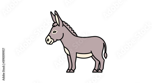 Cartoon style illustration of a grey donkey with long ears standing in profile; animal clip art character for design projects and educational resources