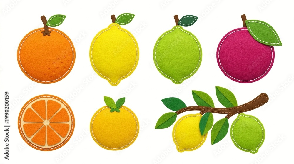 Obraz premium A colorful arrangement of felt fruits including oranges, lemons, and apples on a white background