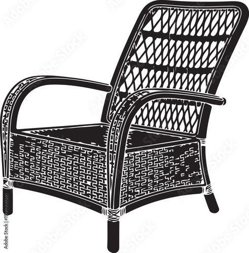 Black wicker armchair with white highlights on plain rattan