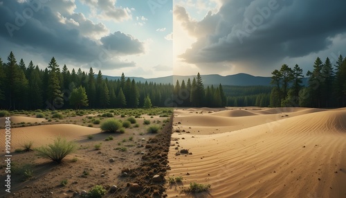 A serene desert landscape with sand dunes, trees, and mountains under a cloudy sky