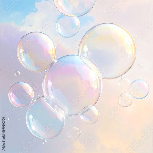 Iridescent bubbles float in pastel-colored sky with soft clouds