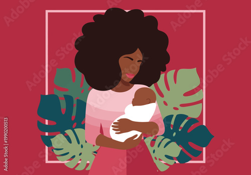 Stylized Flat Vector Illustration of a Black Woman Holding her Newborn Baby, Afro Hair and Tropical Leaves Background, Motherhood Concept