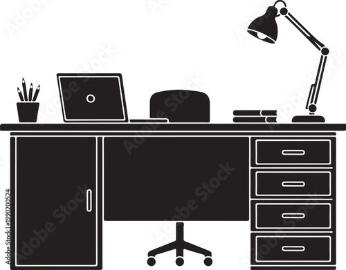 Black and white office desk with laptop chair lamp books