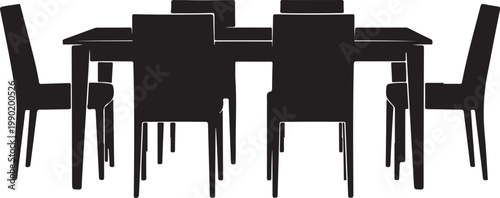Black silhouette of dining table with six chairs furniture
