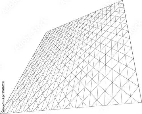 Geometric wireframe structure creating a complex abstract design with intersecting lines forming triangular patterns