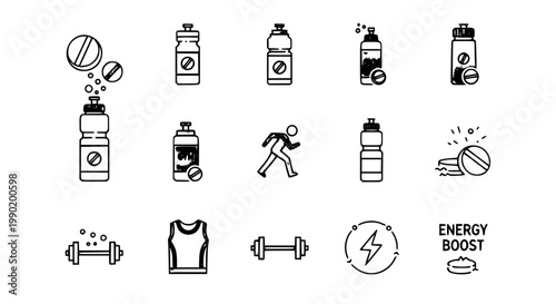 Fotografi Sports nutrition and fitness line icon set featuring energy boost supplements, protein shakers, water bottles, dumbbells, gym wear, and running symbols for athletic training designs