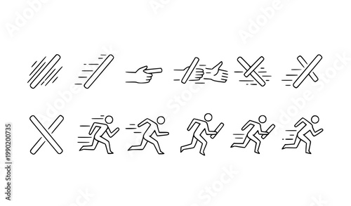 Minimal relay baton doodle icons with motion and handoff concepts in thin line vector style