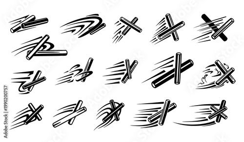 Abstract relay baton doodle icon collection with dynamic hand drawn running symbols in black vector style