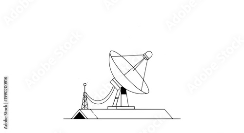 Satellite dish communications icon with thin line vector style, radio signal waves and minimalist weatherproof antenna on platform