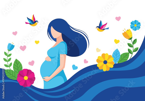 Vector illustration of a pregnant woman surrounded by spring flowers and birds, motherhood and new life concept