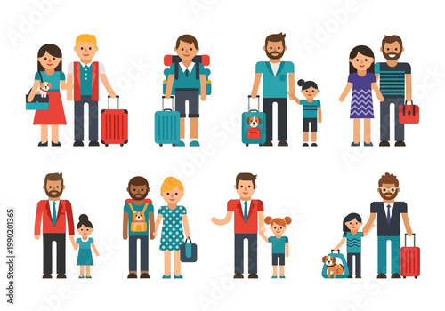 Flat Vector Illustration Set of Diverse People Traveling with Luggage, Families, Couples, and Pets for Summer Vacation and Tourism Concept