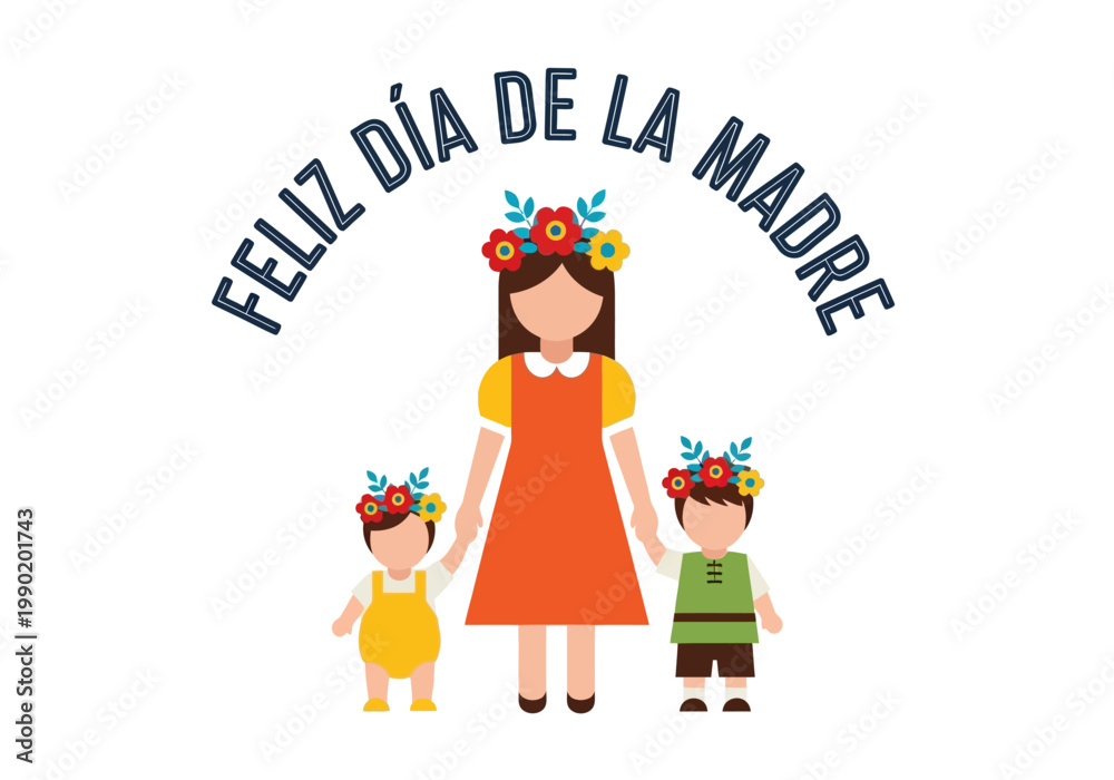 Fototapeta premium Feliz Día de la Madre Flat Vector Illustration of a Mother with her Children Wearing Flower Crowns on White Background