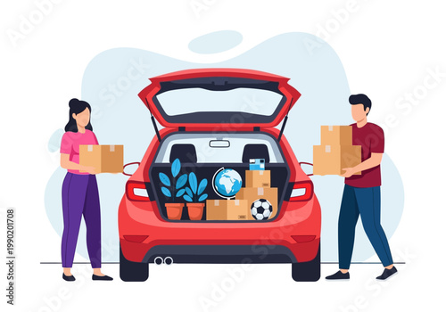 Couple Loading Red Car Trunk for Relocation or Road Trip Flat Vector Illustration