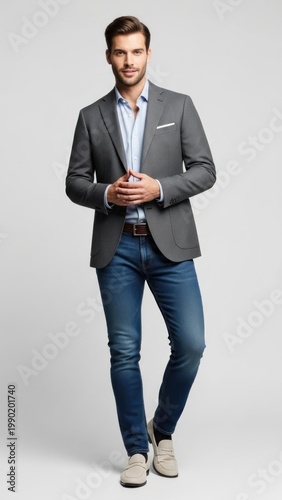 A man in a gray blazer, blue jeans, and tan shoes poses against a light gray background