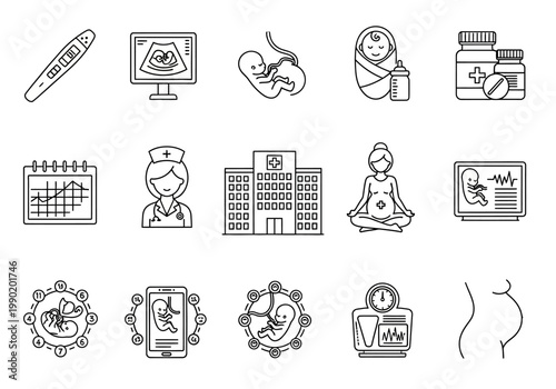 Pregnancy and Maternity Icon Set - Fetal Development, Prenatal Healthcare, and Baby Care Line Art Icons