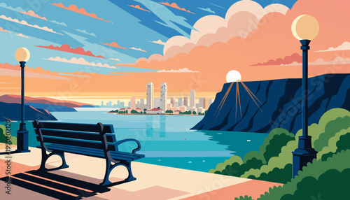 Serene waterfront promenade with city skyline at sunset featuring a bench and lampposts