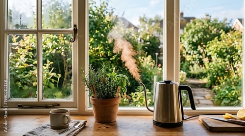 Sunlit Kitchen Window with Potted Herbs and Boiling Kettle in Bright Garden Setting