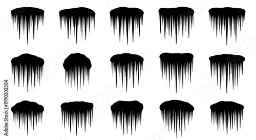 Collection of black ink drips on white background for design and artistic use