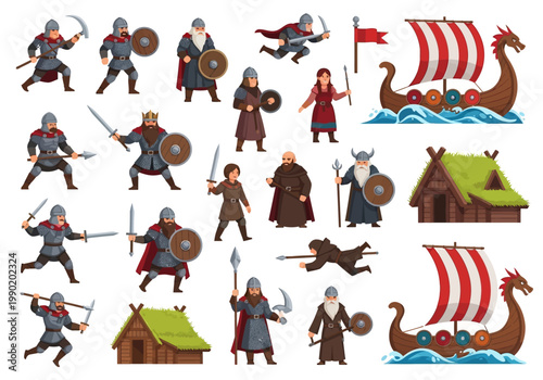 Comprehensive collection of Viking warrior characters, longships, and traditional grass-roofed huts in a clean cartoon style for game assets and illustrations.