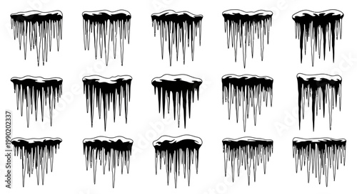 Black melting ice drips on white background icicle graphics frozen water droplets winter weather effects