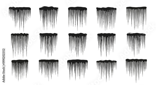 Multiple black fringe trimming strips on white background for fashion and design