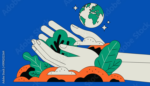 Hands nurturing green plant with earth globe above symbolizing eco friendly renewable energy and environmental conservation on blue background
