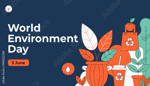 World environment day poster with eco friendly icons and plants on a blue background